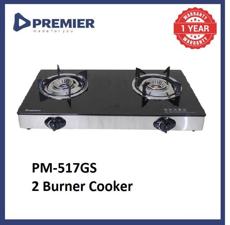 PREMIER Gas Cooker Elite 2 Burner Stainless Steel LPG Stove Table Top PM-517GS Auto Ignition Flame Control Kitchen Appliances Cooktops 1Year Warranty