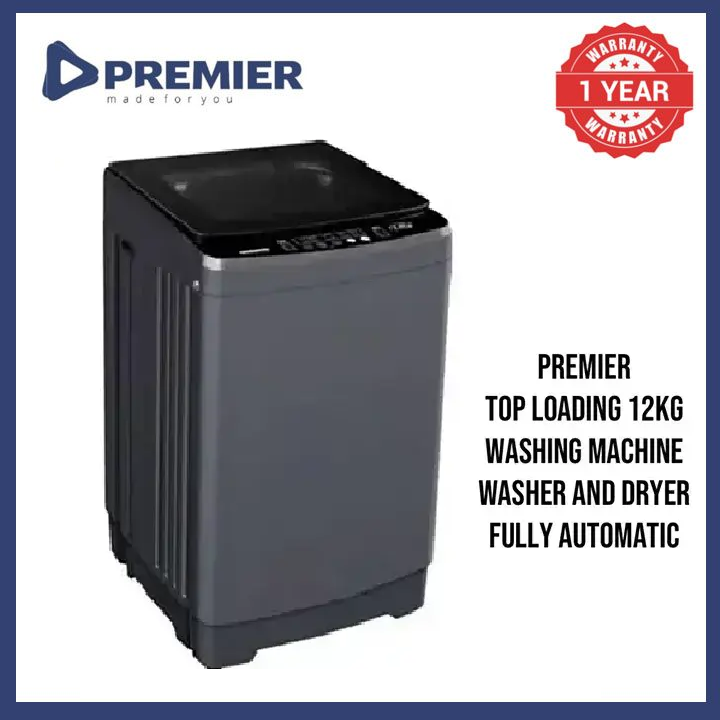 Premier 12Kgs Fully Automatic Washing Machine Stainless Steel Big Drum Size Fit 7x8 King Size Duvet Fuzzy Logic Washing Machine, LED Digital Display, Hot/Cold Water Twin Jet Inlets, Child Lock