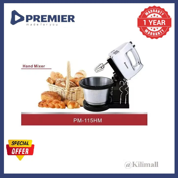 Premier Multifunctional 2 In 1 Stand And Hand Held Electric Mixer 2L Electric Stainless Steel Hand Mixer PM-115HM  7 Speed  Mixing Bowl, Dough Hooks And Mixer Beaters For Dressings Frosting
