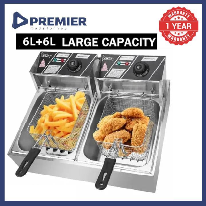 PREMIER Chips Fryer 6 + 6 Liters Double Commercial Cookware Stainless Steel 2500 Watts Silver Chips Fryer With 1 Year Warranty  Kitchen Appliances fryers