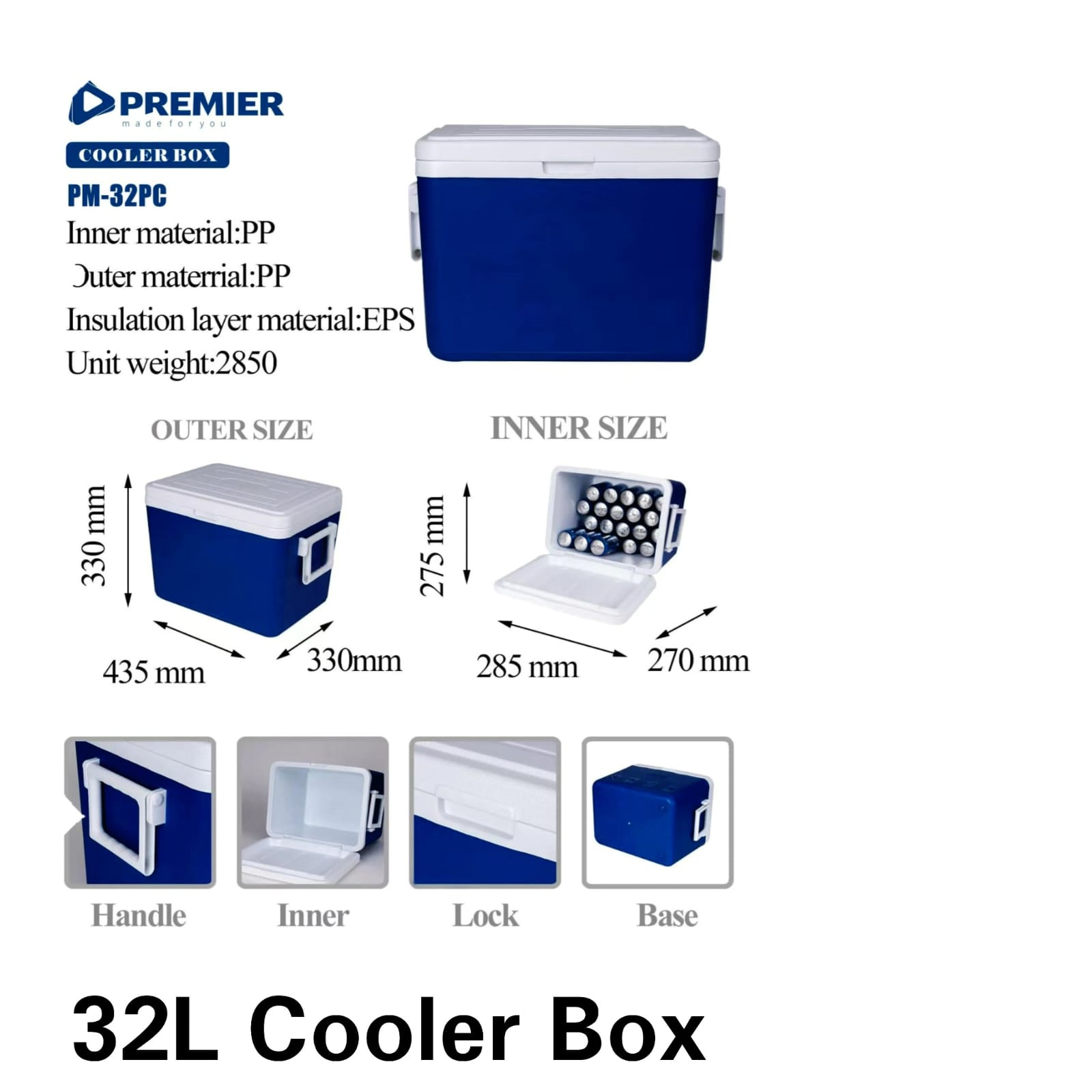 Premier PM-32PC 32L Cooler Box Chiller with double wall insulation  ice cooler box chiller container Spacious and durable icebox designed to keep drinks and food fresh and chilled for long hours