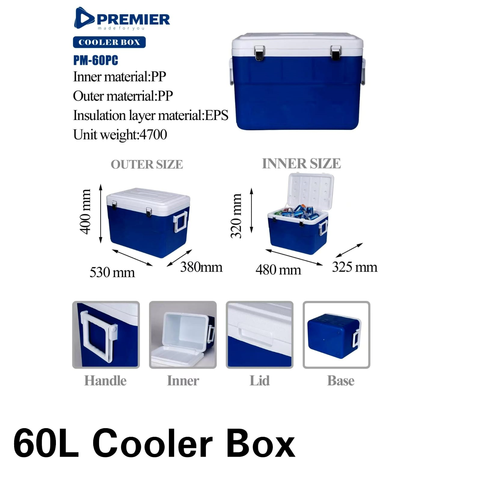 Premier PM-60PC 60L Cooler Box Chiller with double wall insulation ice cooler box container with double wall insulation Spacious and durable icebox designed to keep drinks and food fresh