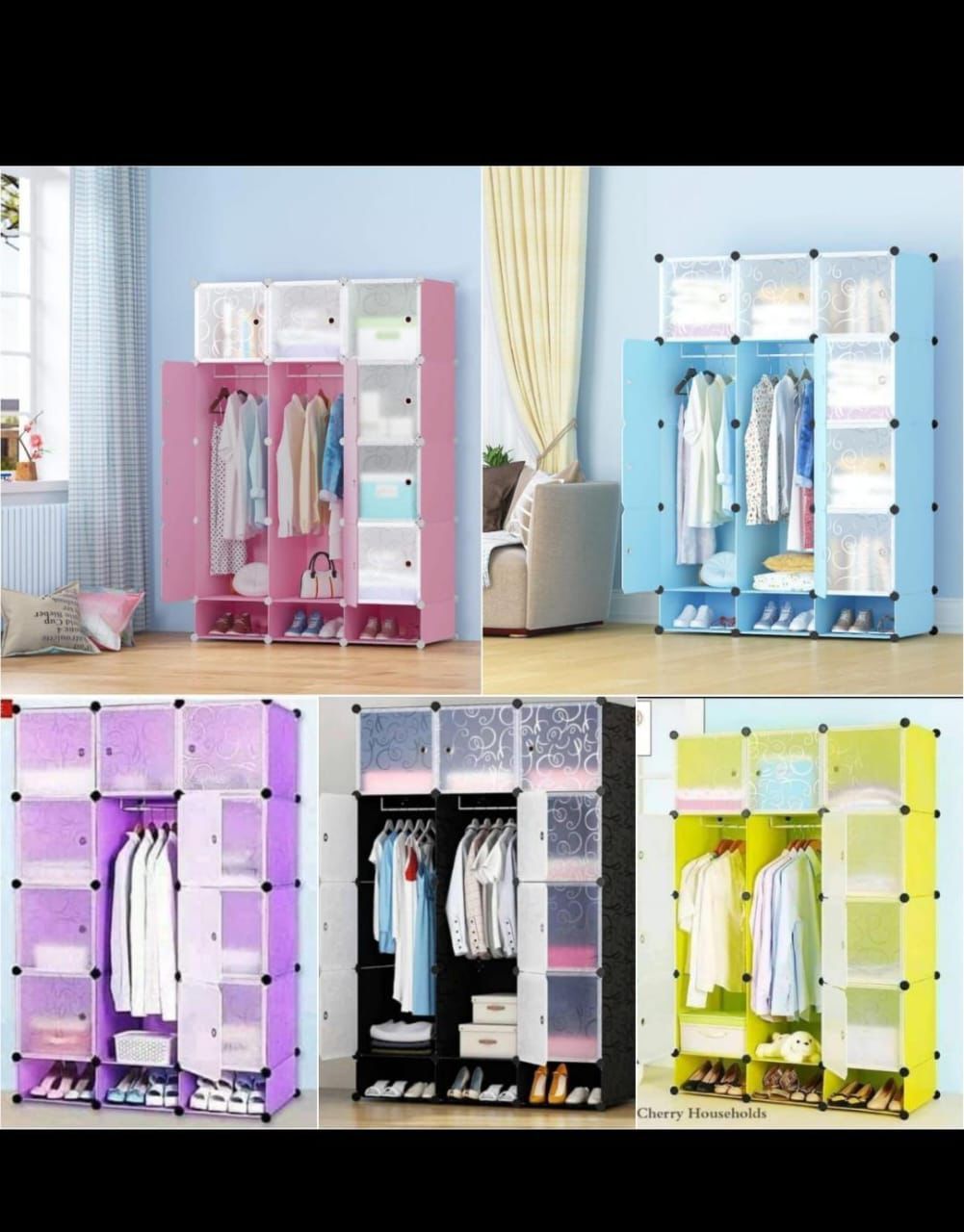 Plastic Wardrobe. Strong, durable plastic with metal connectors. 3 spacious columns for clothes, shoes. Easy to assemble – no tools needed. Dust & moisture resistant. Sleek, space-saving design