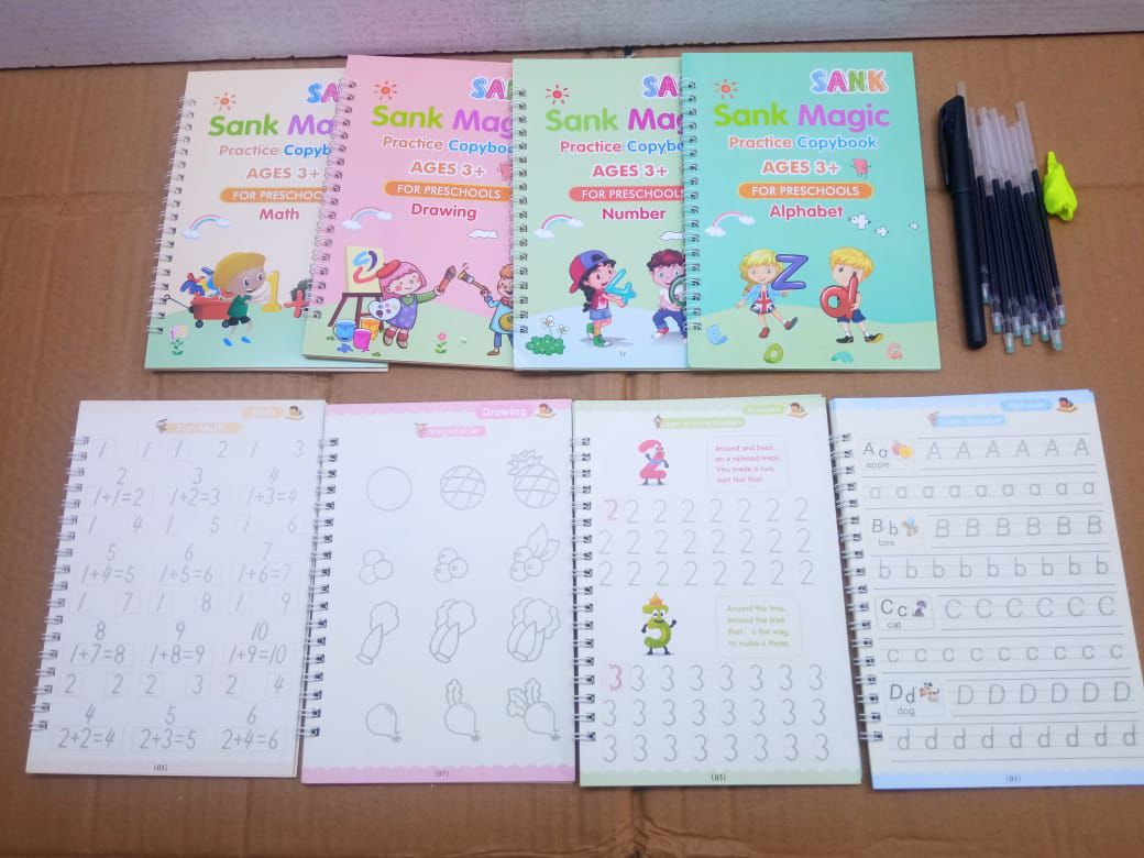 Sank Magic Copy book✅ A set of 4 books✅ 10 pieces refill pen✅ Auto delete books.perfect for children from 3years and above. They assist or help the preschool kids to learn how to write numbers, draw