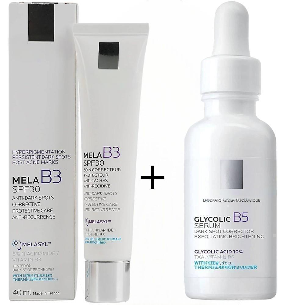 Glycolic B5 & TXA Dark Spot Corrector, Exfoliating & Brightening Face Serum + Mela B3 Anti-Dark Spot Face Cream with SPF 30. Moisturizes, Brighten, Fades Dark Spots, Post Acne Marks, Hyperpigmentation