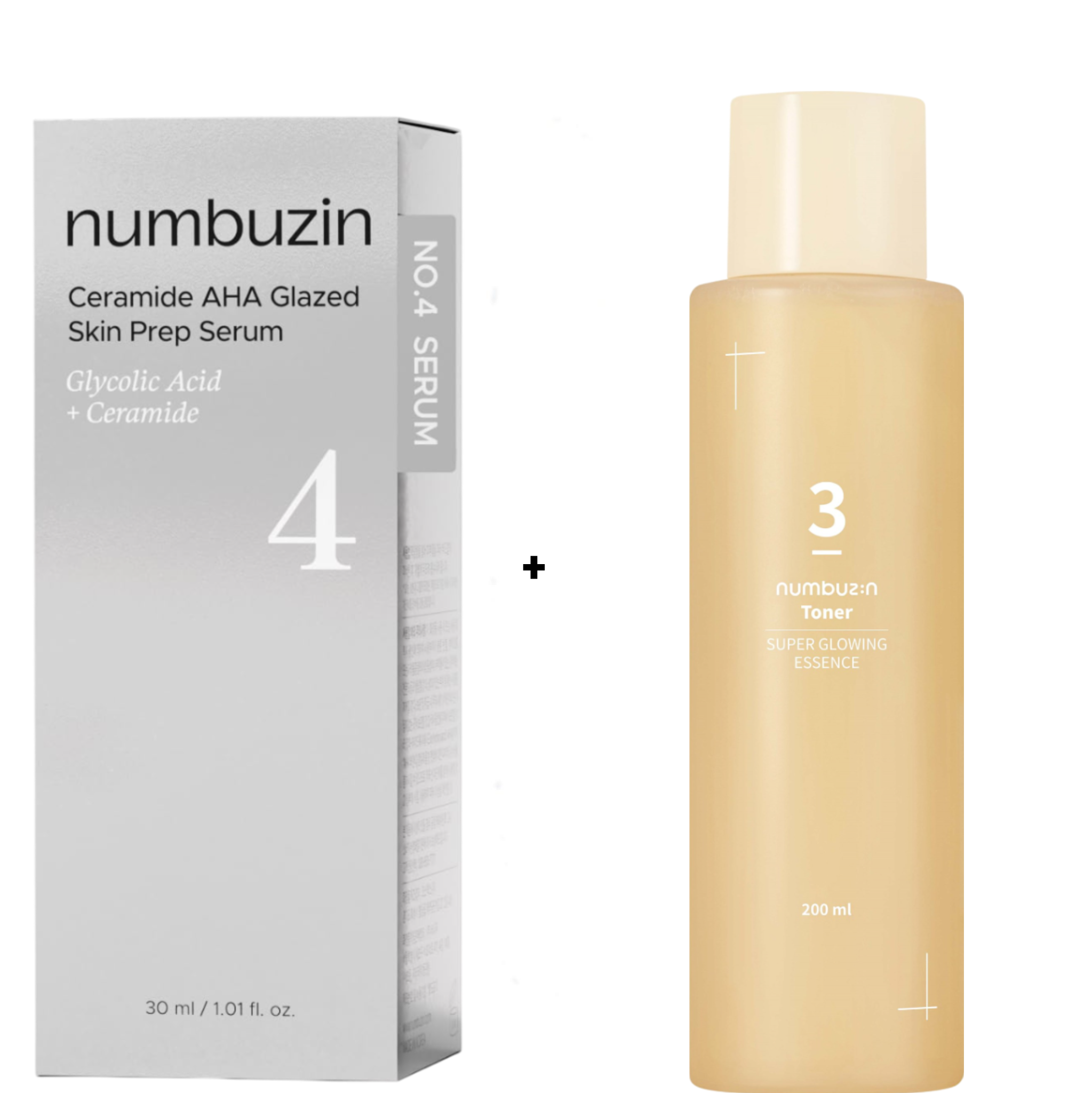 Numbuzin No.4 Ceramide AHA Glazed Skin Prep Serum with Glycolic Acid + No.3 Super Glowing Essence Toner. Brightens, Exfoliates, Moisturizes, Clarifies, Smooths & Softens, Glows, Evens, Clears Wrinkles