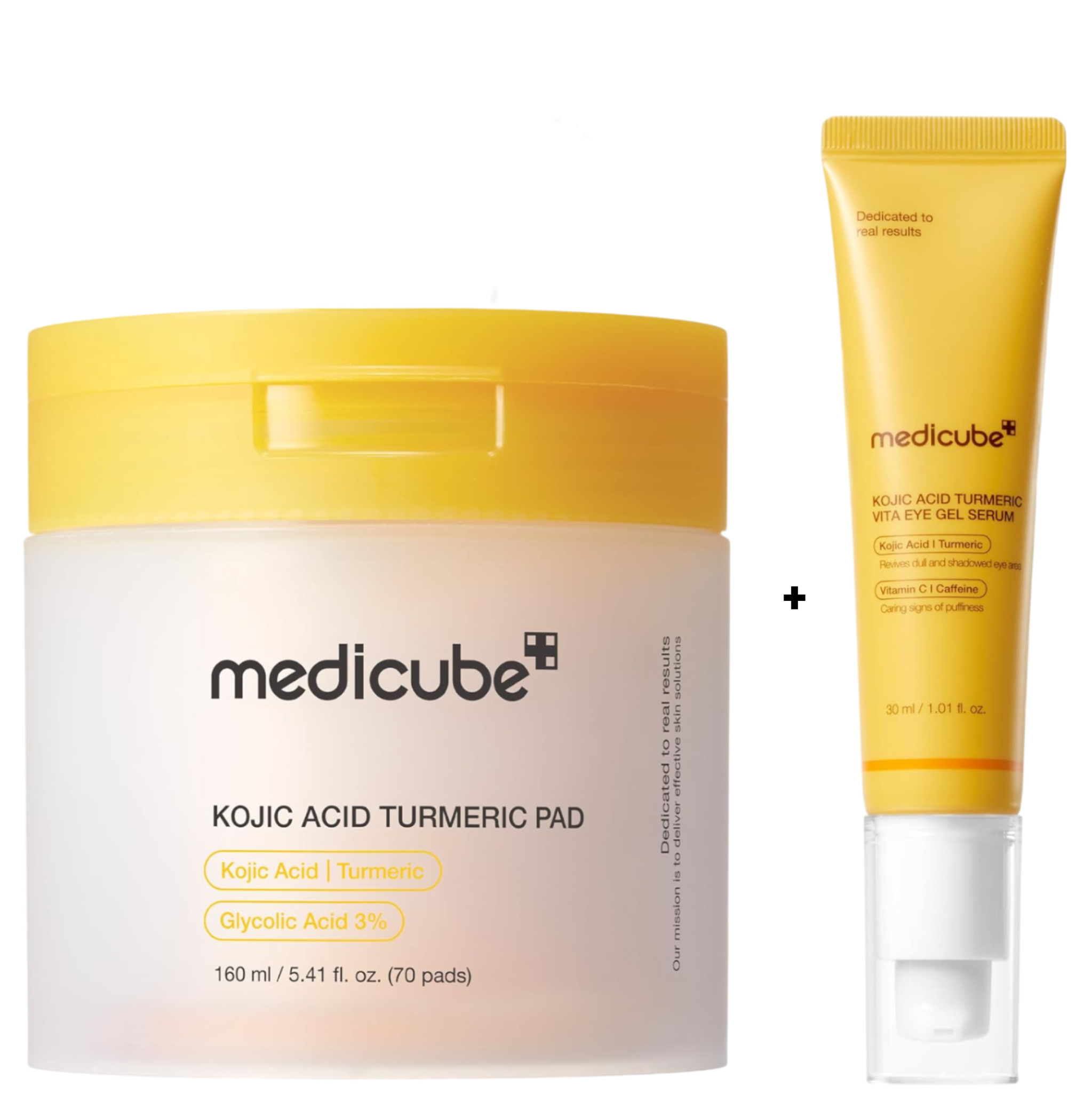 Medicube Kojic Acid Turmeric Pad with Glycolic acid(70 Pads) + Medicube Kojic Acid Turmeric Vita Eye Gel Serum. Glows, Brightens, Removes dark spots, dead skin cells, Impurities, eye bags, dark circle