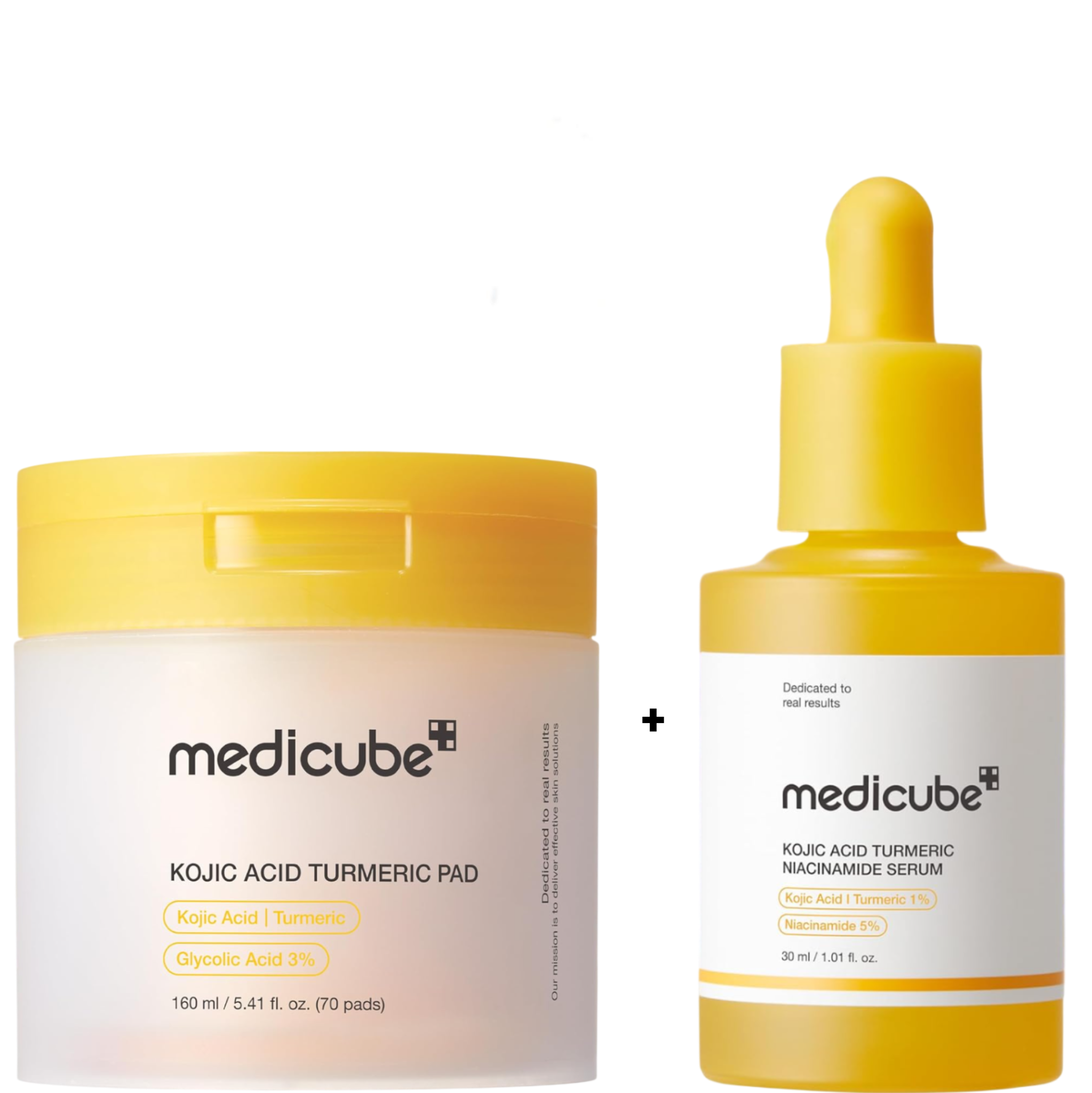 Medicube Kojic Acid Turmeric Niacinamide Capsule Serum + Medicube Kojic Acid Turmeric Pad with Glycolic acid(70 Pads).  Moisturizes, Removes Dark Spots, Hyperpigmentation, Acne Scars, Blemishes, Glows