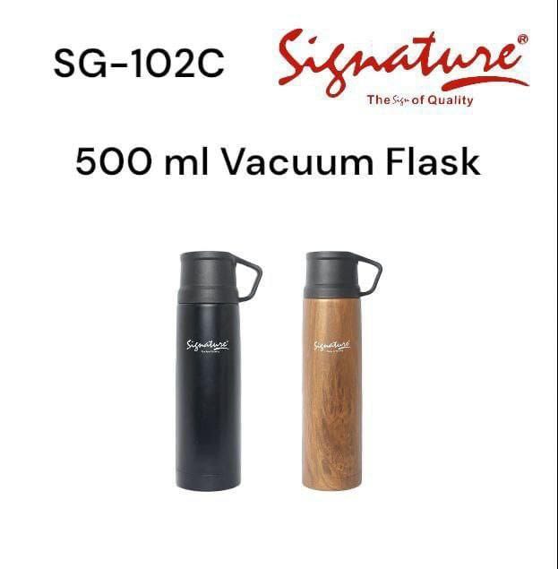 Signature 500ml Stainless Steel Unbreakable -Bottle Vacuum Flask   This is a steel vacuum flask/Thermos. It is durable and reliable for keeping your tea/water hot for 24 hours. Has one handle; one cup