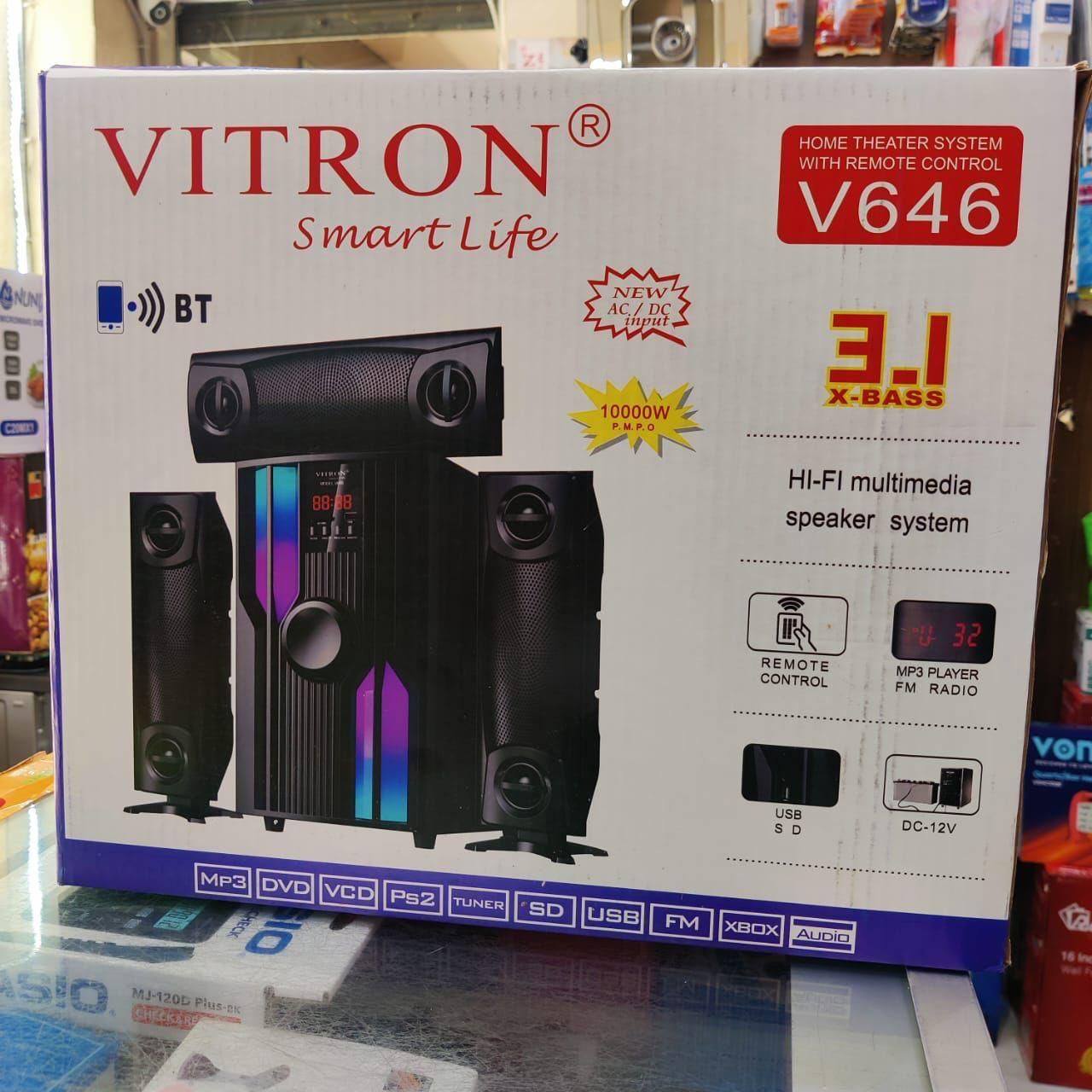 Vitron V646 3.1CH HOME THEATRE SOUND SYSTEM 10000W
crystal clear sound and enriched bass with BT connectivity, SD and USB ports and FM modes