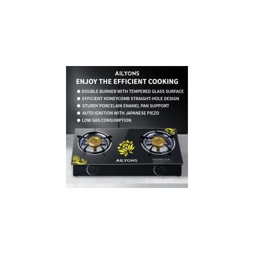 AILYONS GS014-5, 2 Burner Glass Top Gas Cooker & Infrared Double Burner