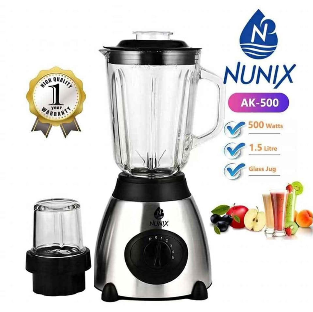 Nunix AK-500 blender. It is a 2-in-1 blender that includes a grinder. 
Key features: It has a 500W motor, a 1.5L glass jug, and stainless steel blades. 
Functionality: The blender has a 5-speed contro