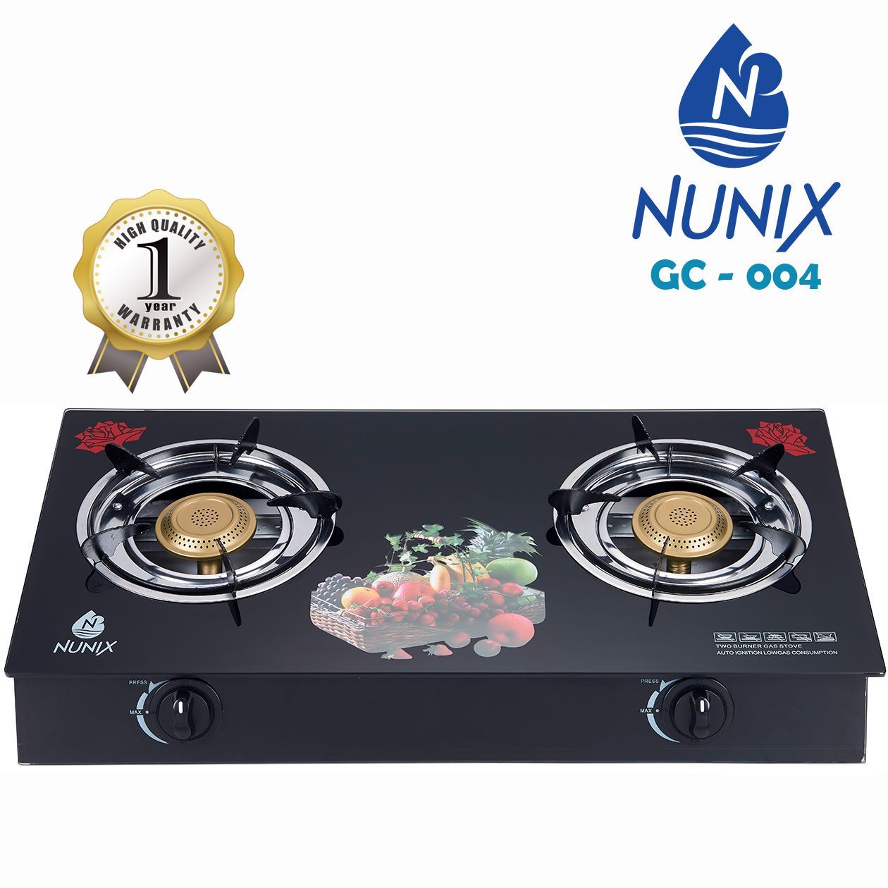 Nunix GC-004 two-burner glass top gas stove. 
It features a tempered glass top and an auto-ignition system.
The stove is designed for low gas consumption.
It utilizes whirlwind technology for efficien