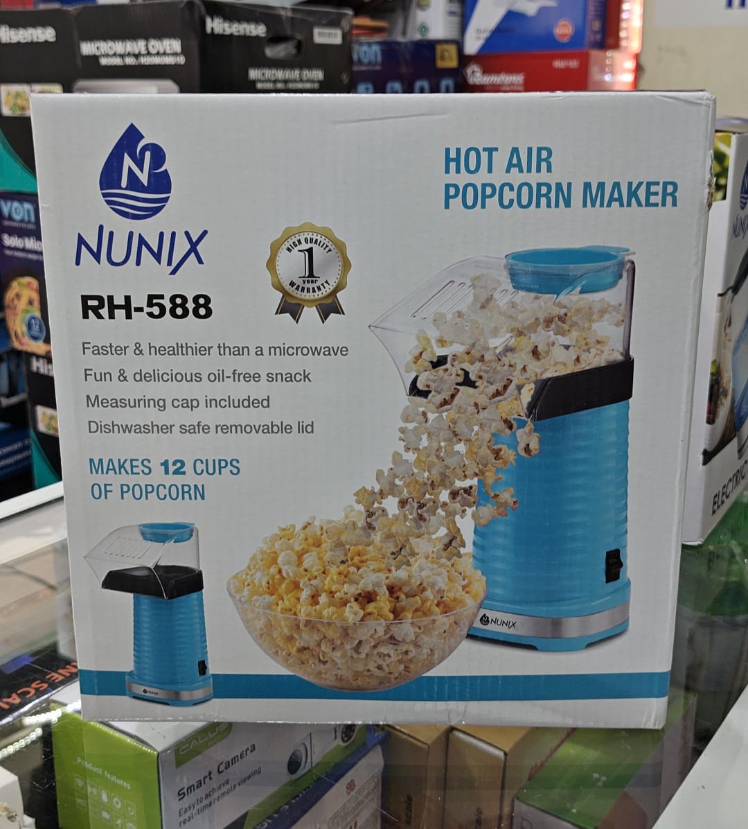 Nunix RH-588 Hot Air Popcorn Maker.
It is an oil-free popcorn maker that uses hot air circulation to pop corn. 
The machine has a 12-cup capacity and comes with a measuring cup. 
The lid is removable