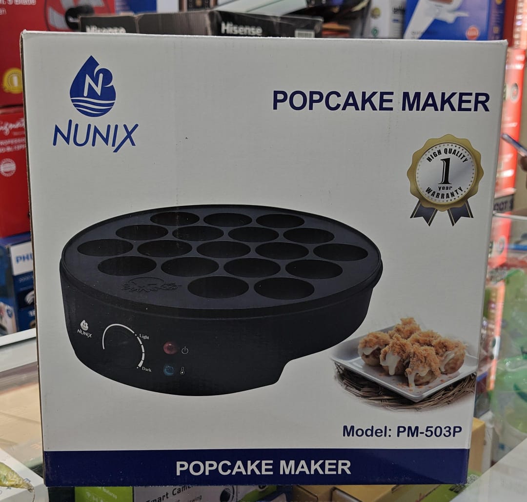 Nunix Popcake Maker, model PM-503P.
It has 18 non-stick heating plates for making popcakes, takoyaki, or vitumbua. 
The device has a power of 750W and features quick heating technology. 
It includes a
