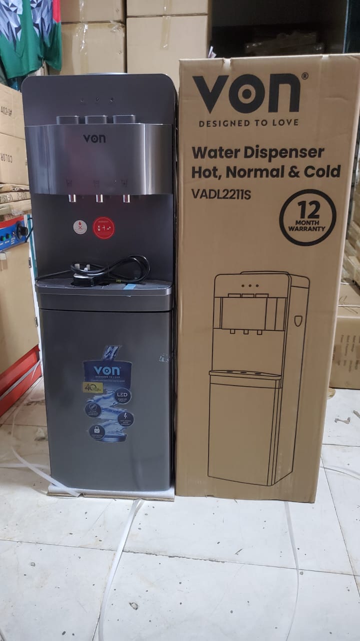 Von VADL2211S Water Dispenser.
It provides hot, normal, and cold water. 
It has a 12-month warranty. 
It features electric cooling, a child lock for hot water, and a storage cabinet. 
The heating powe