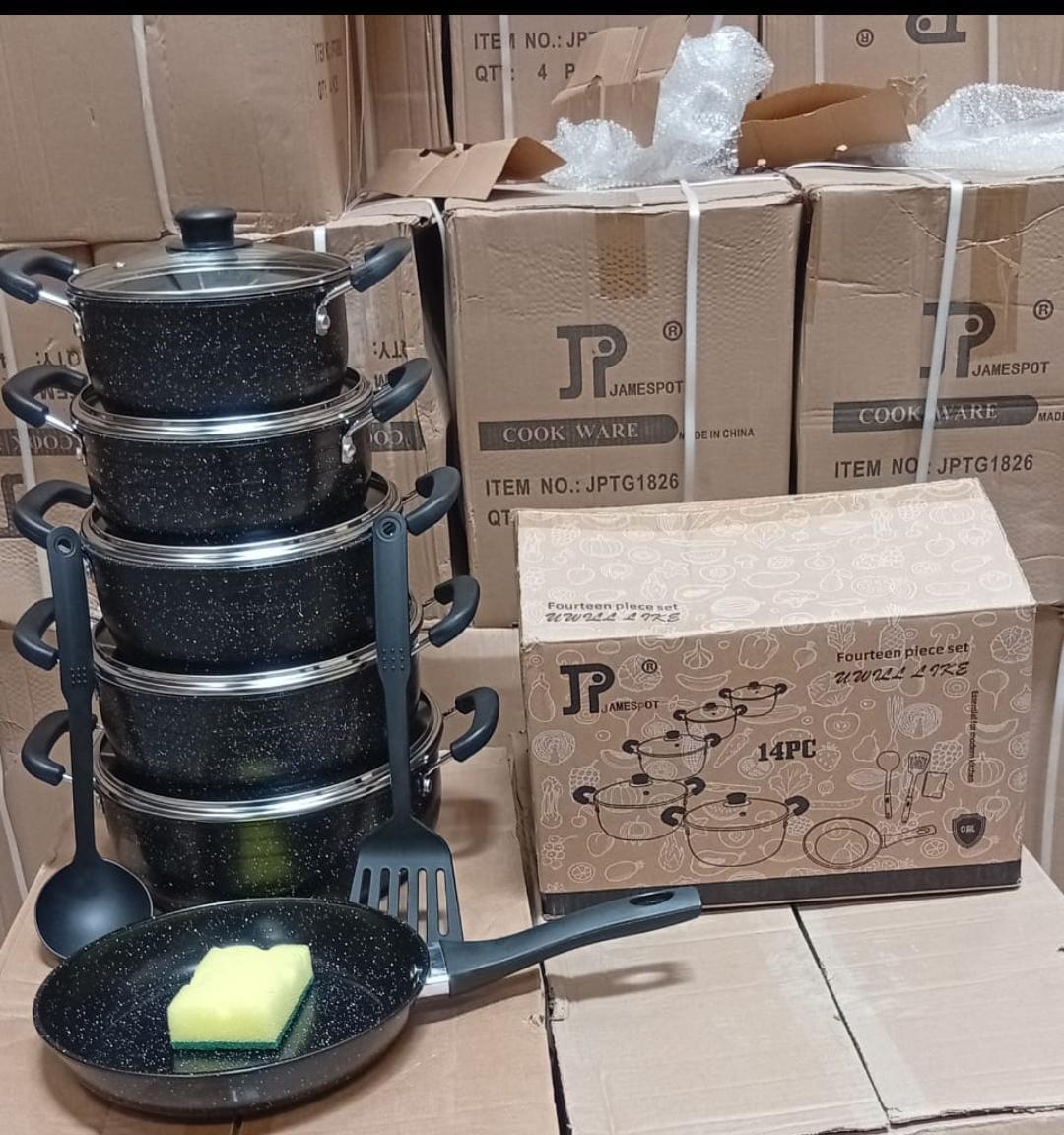 Jamespot non-stick cookware set.
The set is made from granite and has a non-stick coating. 
It is designed for efficient heat distribution and is scratch-resistant. 
The set includes pots of various s