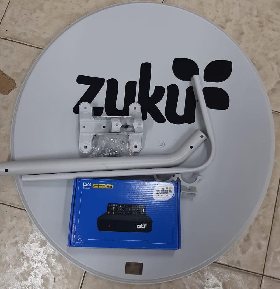 Zuku satellite dish TV kit. The kit typically includes a satellite dish, a Zuku HD decoder, and a remote control. 
The Zuku Digital decoder allows access to over 100 digital TV channels. 
The kit ofte
