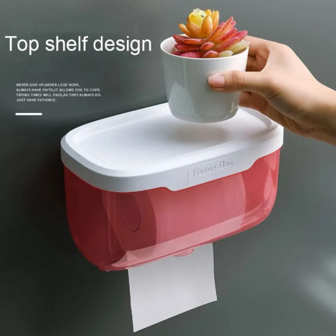 wall-mounted, waterproof tissue box holder.
It is designed for use in bathrooms, kitchens, or offices to save counter space. 
The holder is waterproof and moisture-proof, making it suitable for humid