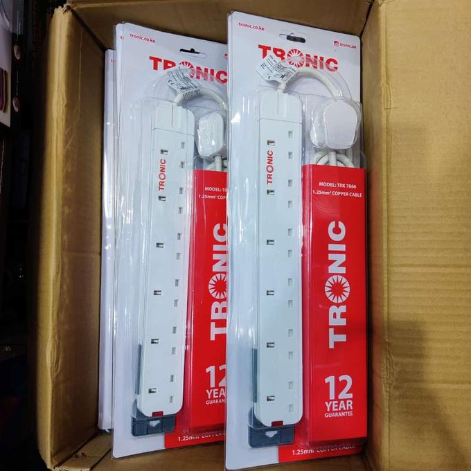 Tronic 6-Way Power Extension Socket – White. Designed for homes, offices, and workshops, this extension provides six universal sockets to connect multiple devices at once.