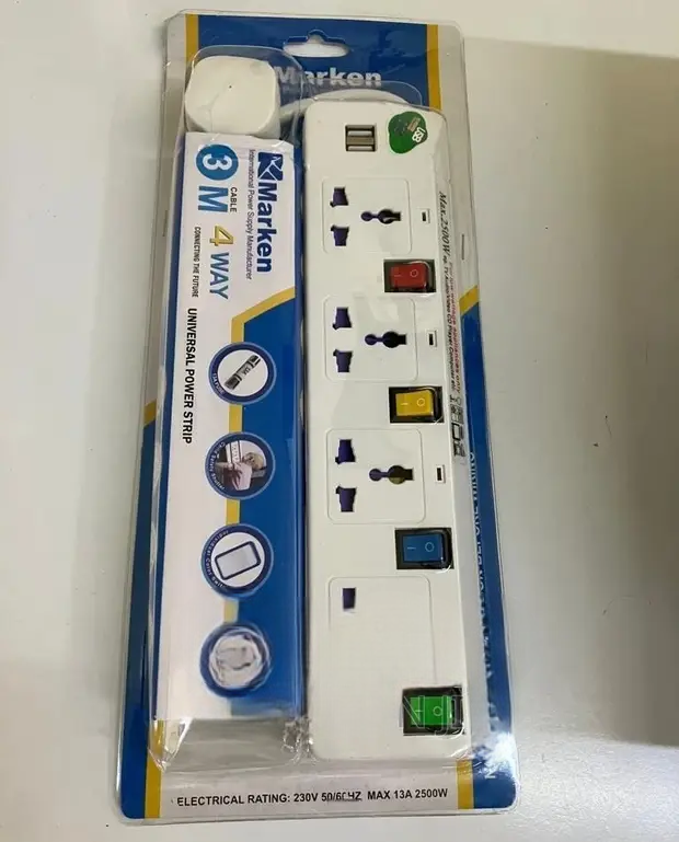 Marken 4-Way Power Extension with 2 USB Ports – 3 Metre Heavy-Duty Cable | Surge-Protected Power Strip. A modern, reliable power solution designed to safely power multiple devices at home, office.