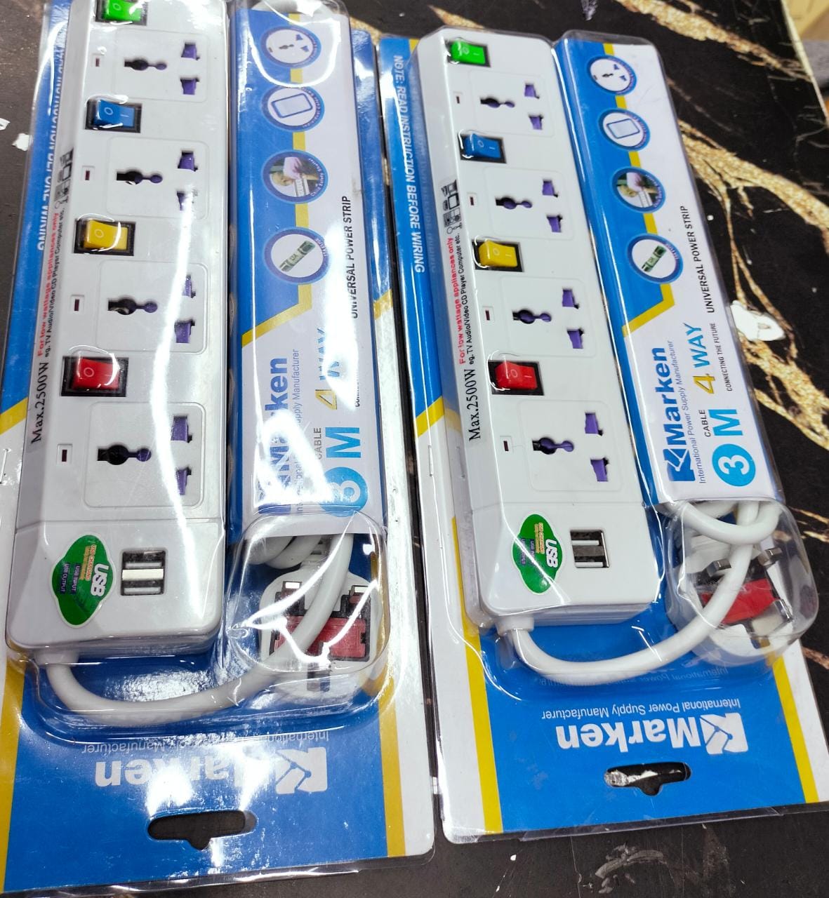 Marken 4-Way Power Extension with 2 USB Ports – 3 Metre Heavy-Duty Cable | Surge-Protected Power Strip. A modern, reliable power solution designed to safely power multiple devices at home, office.