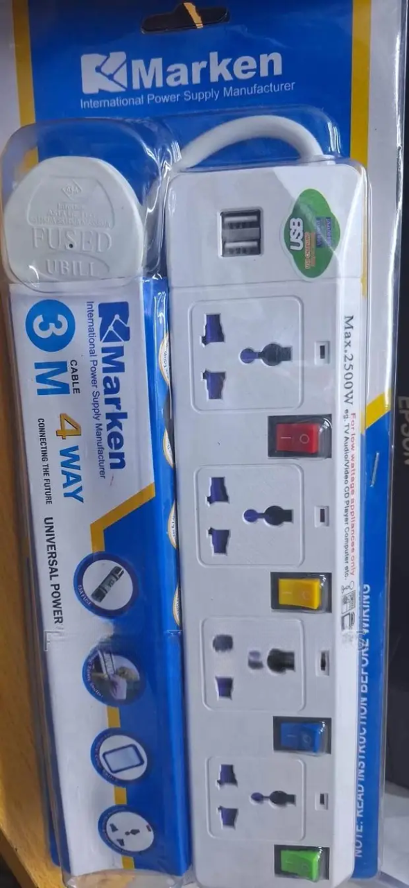 Marken 4-Way Power Extension with 2 USB Ports – 3 Metre Heavy-Duty Cable | Surge-Protected Power Strip. A modern, reliable power solution designed to safely power multiple devices at home, office.