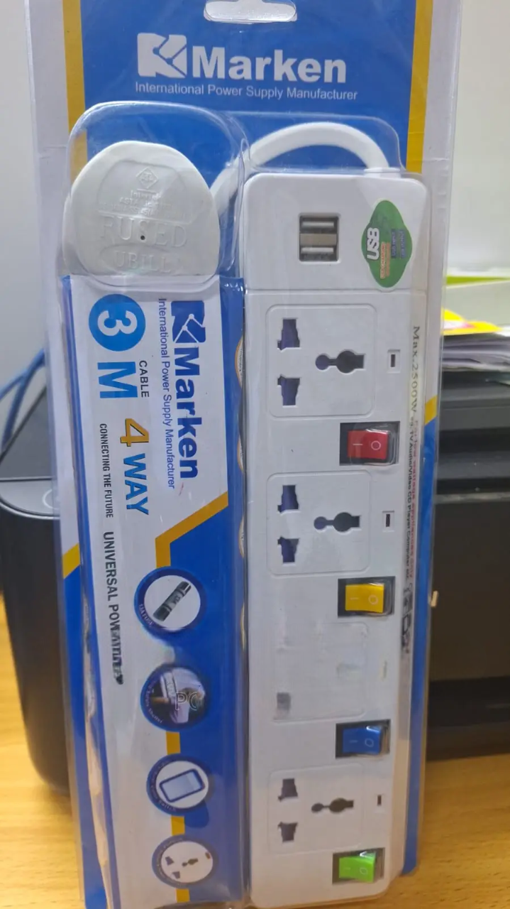 Marken 4-Way Power Extension with 2 USB Ports – 3 Metre Heavy-Duty Cable | Surge-Protected Power Strip. A modern, reliable power solution designed to safely power multiple devices at home, office.