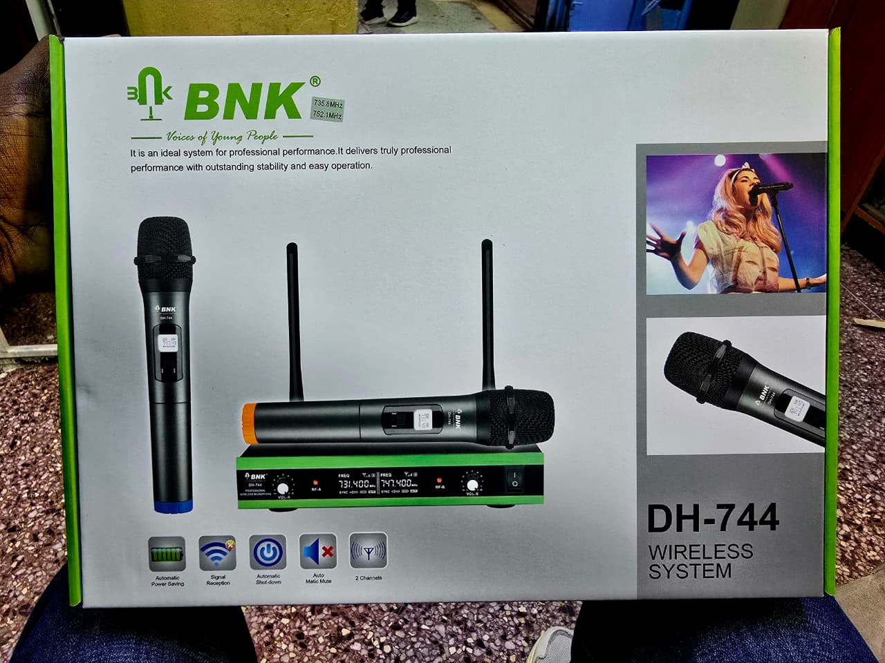 BNK Wireless Microphone System DH_744 – 2-Channel Professional UHF Wireless Mic with Auto Mute & Power Saving. A professional-grade wireless audio solution ideal for karaoke, events, conferences.