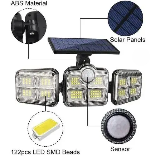 Solar Motion Sensor Flood Light with Remote Control – Triple Rotatable Heads, Waterproof Outdoor Security Light, High-Brightness LED, Automatic Night Lighting.