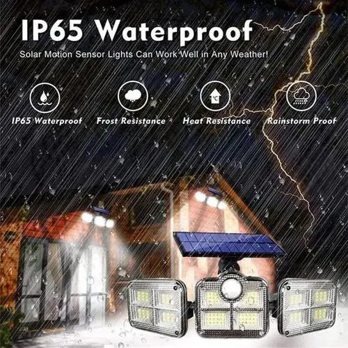 Solar Motion Sensor Flood Light with Remote Control – Triple Rotatable Heads, Waterproof Outdoor Security Light, High-Brightness LED, Automatic Night Lighting.