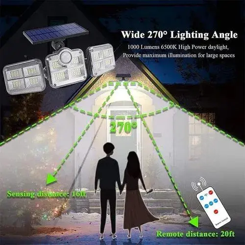 Solar Motion Sensor Flood Light with Remote Control – Triple Rotatable Heads, Waterproof Outdoor Security Light, High-Brightness LED, Automatic Night Lighting.