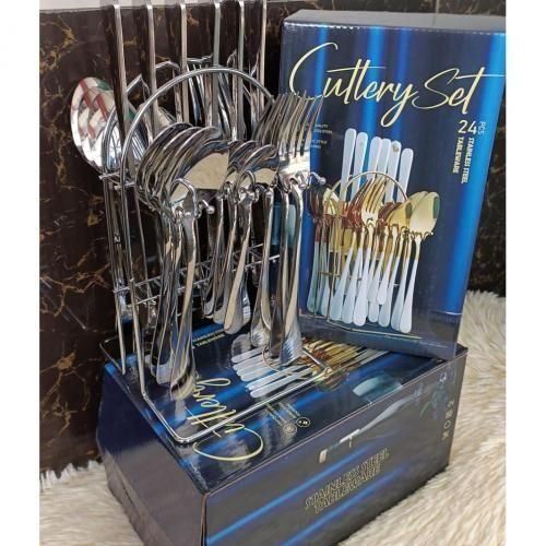 24PC Stainless Steel Cutlery Set – Elegant Silver Dinnerware for Home & Hotel. Bring elegance and durability to your dining table with this 24-Piece Stainless Steel Cutlery Set in Silver Colour.