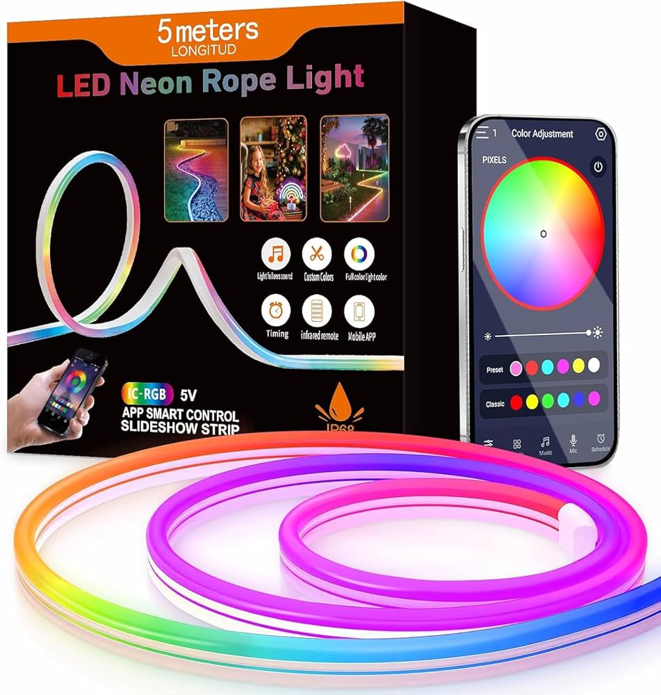 LED App Control Neon Rope Light – Smart 5M RGB Snake Light with Music Sync & Multiple Effects.A modern decorative lighting solution designed to transform bedrooms, gaming setups, living rooms, shops,