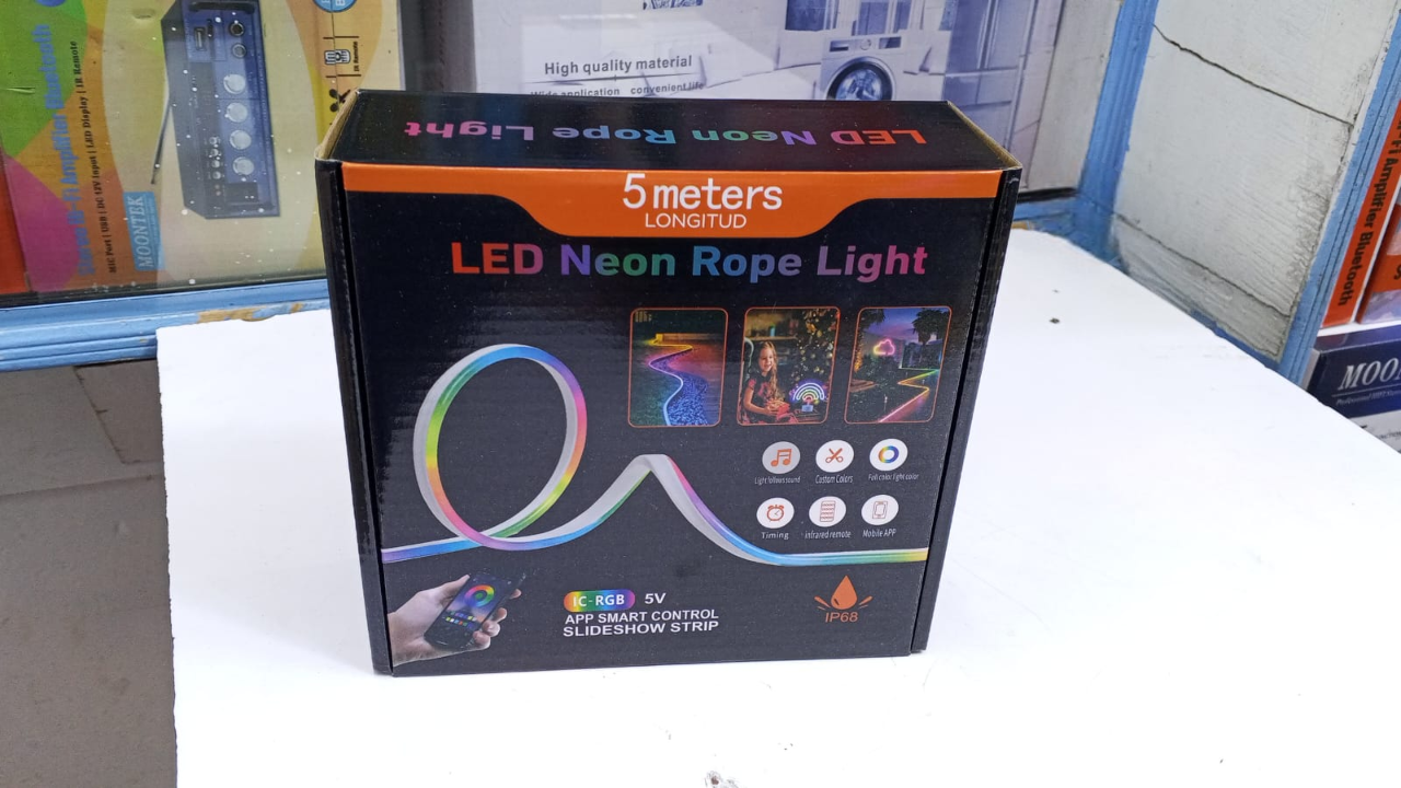 LED App Control Neon Rope Light – Smart 5M RGB Snake Light with Music Sync & Multiple Effects.A modern decorative lighting solution designed to transform bedrooms, gaming setups, living rooms, shops,