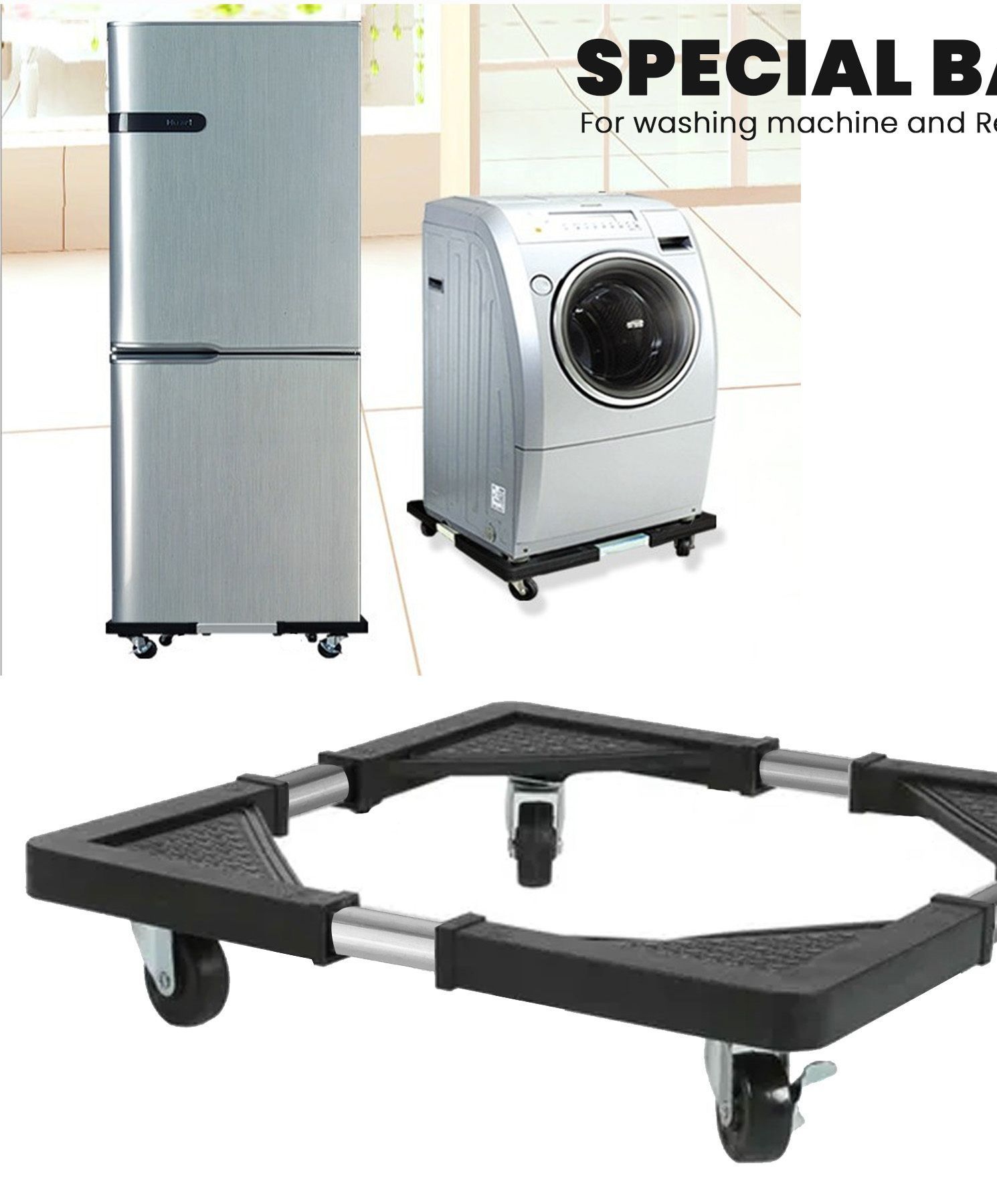 Adjustable Fridge & Washing Machine Base Roller Trolley – Heavy Duty Movable Stand with Wheels. Make moving heavy appliances effortless with this Adjustable Fridge & Washing Machine Base Roller Trolle