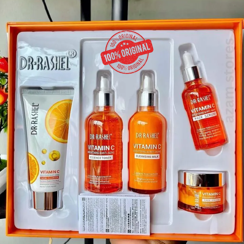 5 Pack Dr Rashel Vitamin C Serum, Toner, Facial Cleanser, Cleansing Milk Skin Care 5 Items, Contains Hyaluronic Acid, Anti Aging and Collagen Essence ( Pack Of 5 Piece Set ) Dr. Rashel Skin Care Set