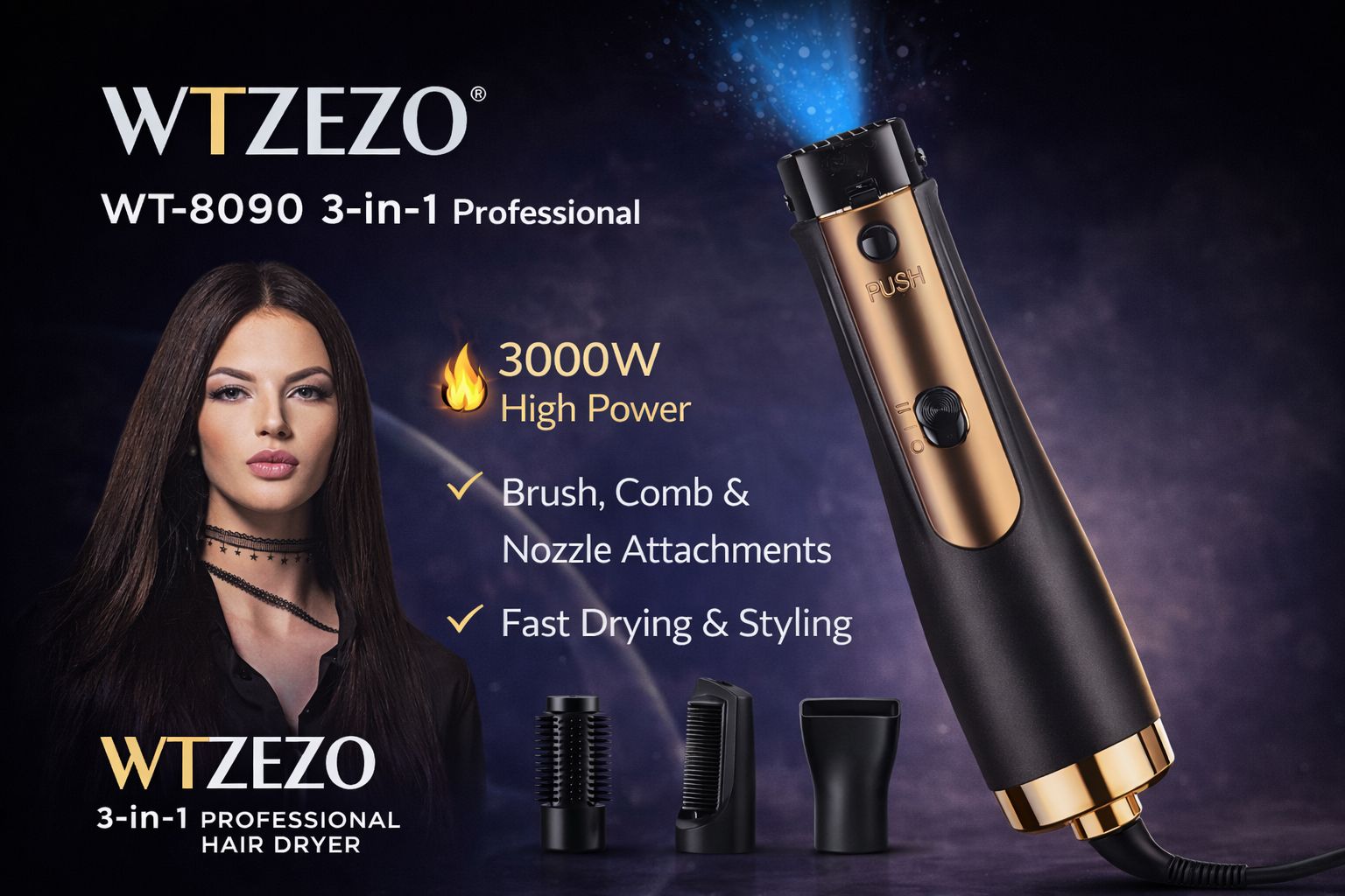 ✨💇‍♀️ WTZEZO 3-in-1 Hair Dryer 3000W – Professional Hair Styling Dryer with Comb, Brush & Concentrator for Fast Salon-Style Results