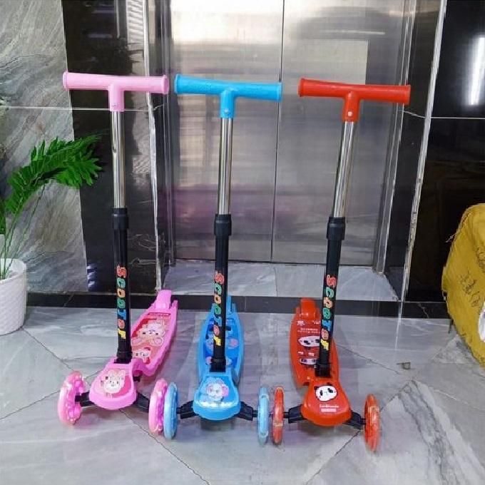 ightweight, foldable three-wheel kick Kids Scooter Model 010 with height-adjustable handlebar,smooth-rolling PU wheels,and non-slip deck and a rear foot brake for safety.