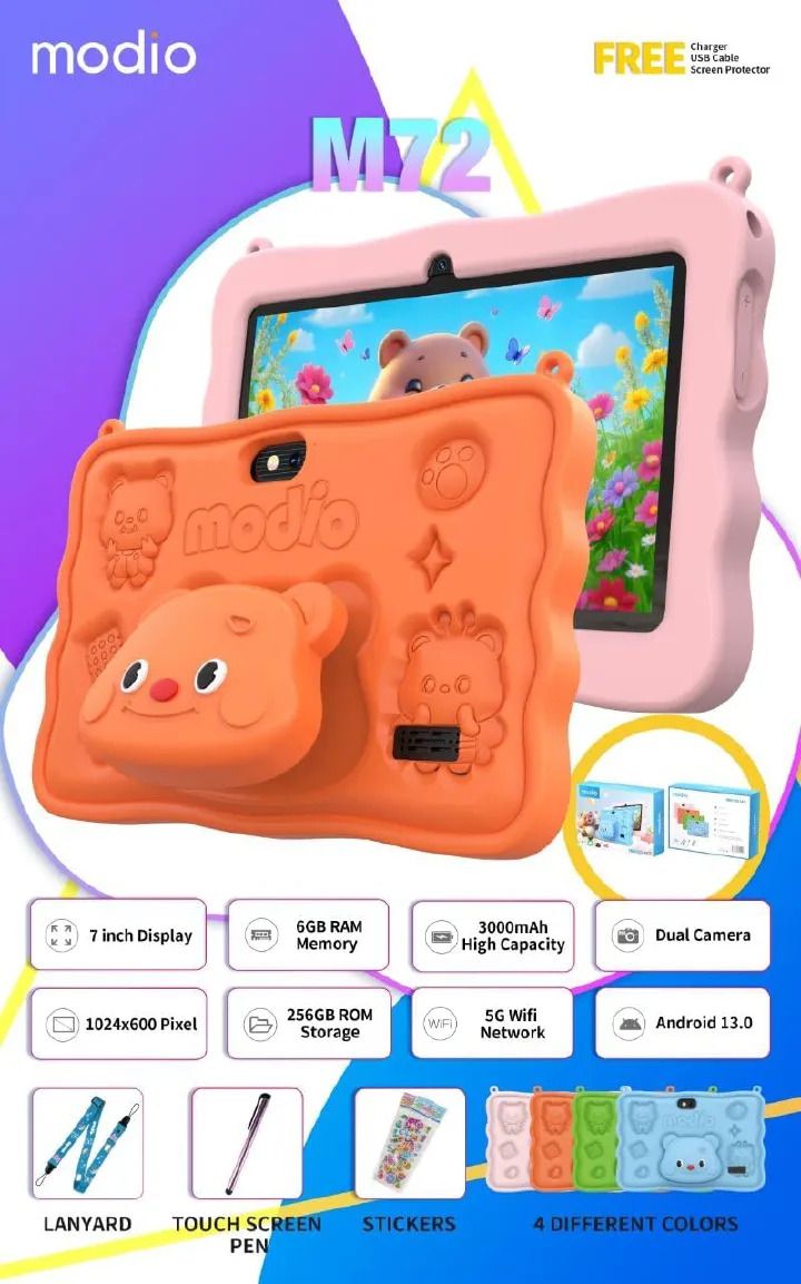 Modio M72,WIFI Only Kids Tablet, 4GB 128GB Wi-Fi Sim Card 7-inch,3,000Mah.