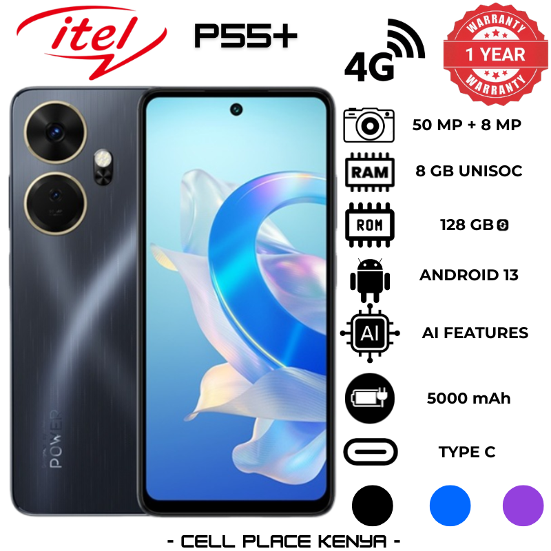 Itel P55+ Plus 8GB RAM + 8GB Virtual (16GB Total) 128GB ROM Smartphone 50MP Main Camera 6.6" HD+ Screen 5000mAh Long Lasting Battery 18W Charging Unisoc T606 Processor Phone Expandable Storage