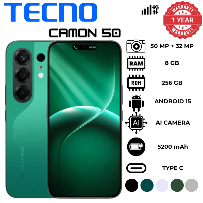 Tecno Camon 50 8GB RAM 256GB ROM 6.78 Inch AMOLED HDR Display 144Hz Refresh Rate MediaTek Helio G200 Ultimate Octa-Core Processor 50MP Rear Camera 32MP Front Camera 6150mAh Battery phones Smartphones