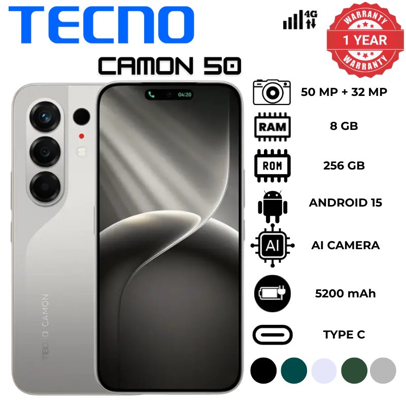 Tecno Camon 50 8GB RAM 256GB ROM 6.78 Inch AMOLED HDR Display 144Hz Refresh Rate MediaTek Helio G200 Ultimate Octa-Core Processor 50MP Rear Camera 32MP Front Camera 6150mAh Battery phones Smartphones