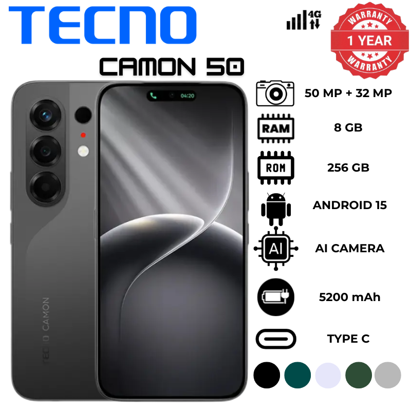 Tecno Camon 50 8GB RAM 256GB ROM 6.78 Inch AMOLED HDR Display 144Hz Refresh Rate MediaTek Helio G200 Ultimate Octa-Core Processor 50MP Rear Camera 32MP Front Camera 6150mAh Battery phones Smartphones