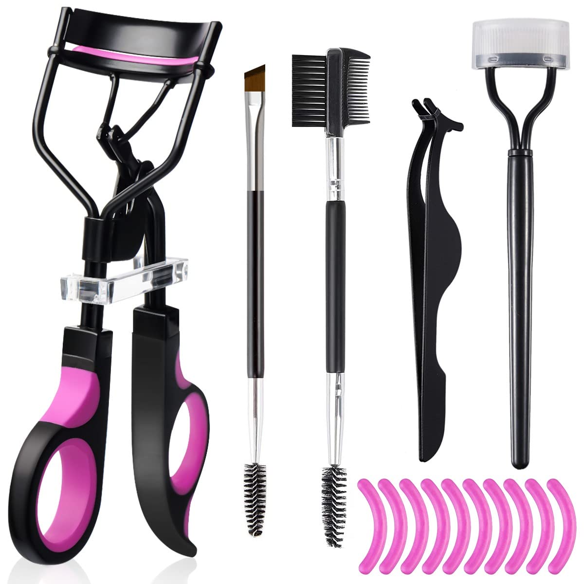 5 in 1 Eyelash Curler Eyebrow Brush Kit for Women  Mascara Brushes Eyelash Comb Lash Curler Eyelash Extension Tweezers Angled Eyebrow Brush Makeup Tools Black