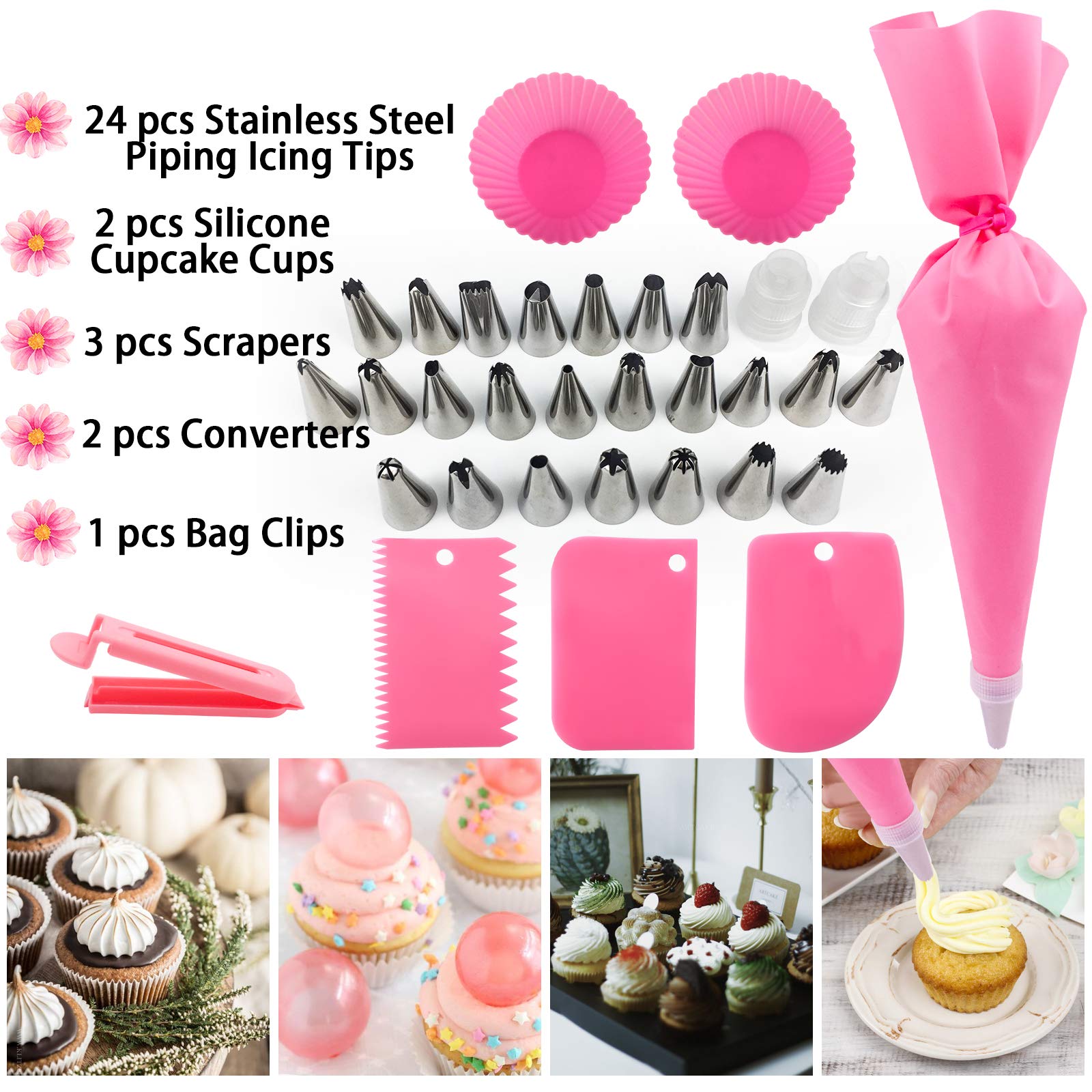 36Pcs/Set Rose Pastry Nozzles Flower Icing Piping Nozzles Stainless Steel Spouts DIY Silicone Icing Piping Cream Bag Icing Tips Cupcake Cake Decorating Baking Tools