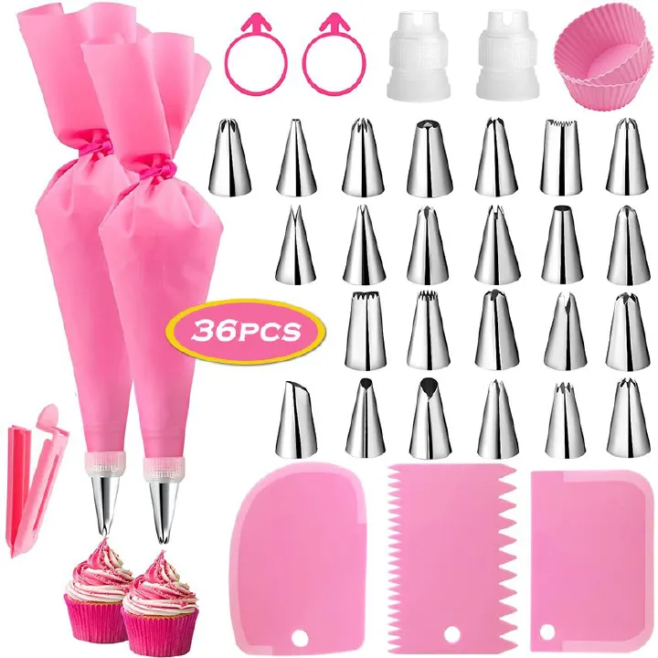 36Pcs/Set Rose Pastry Nozzles Flower Icing Piping Nozzles Stainless Steel Spouts DIY Silicone Icing Piping Cream Bag Icing Tips Cupcake Cake Decorating Baking Tools