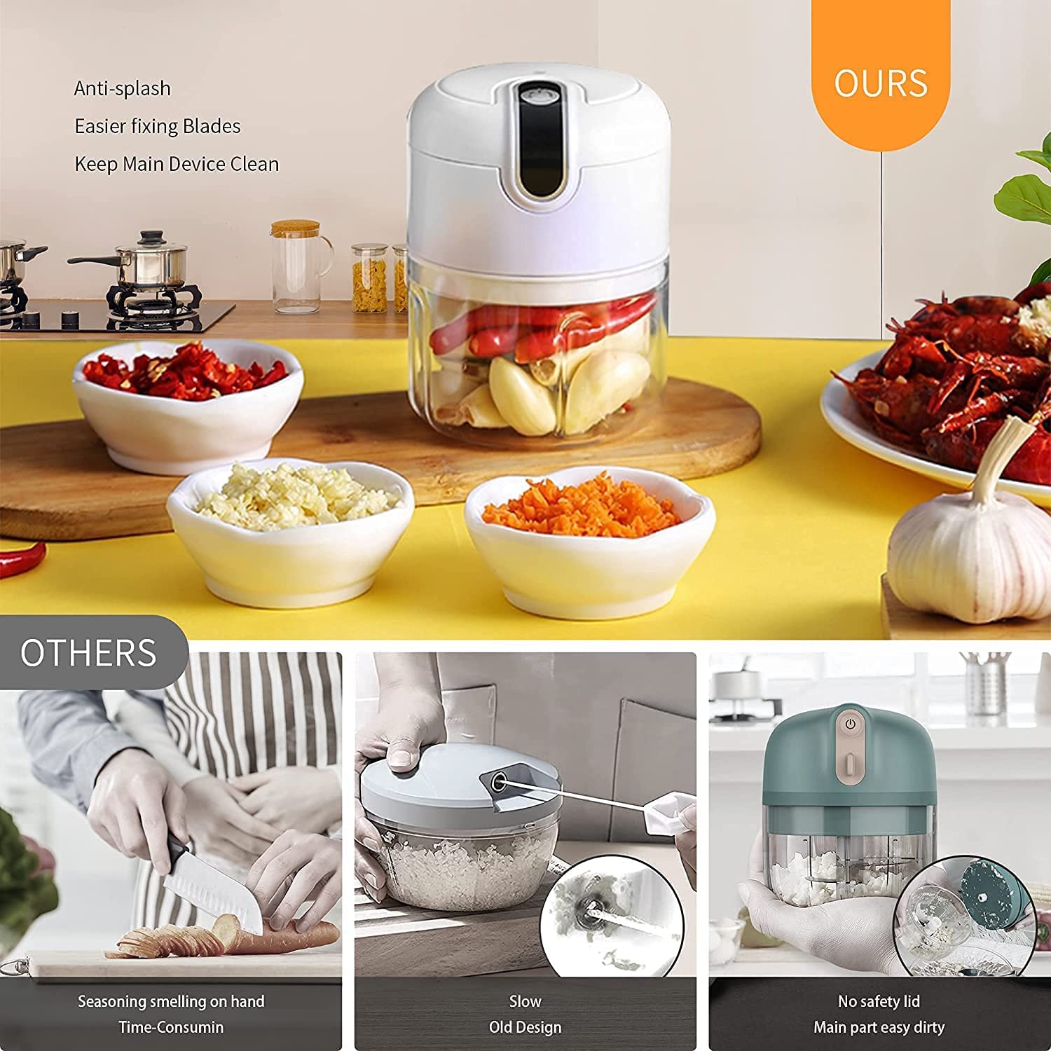 350ml Electric Garlic Chopper Portable Food Crusher Multifunctional Kitchen Mincer Vegetable Onion Chopper Press Blender Fruit Nut Meat Chilli Grinder Seasoning Spice Tools