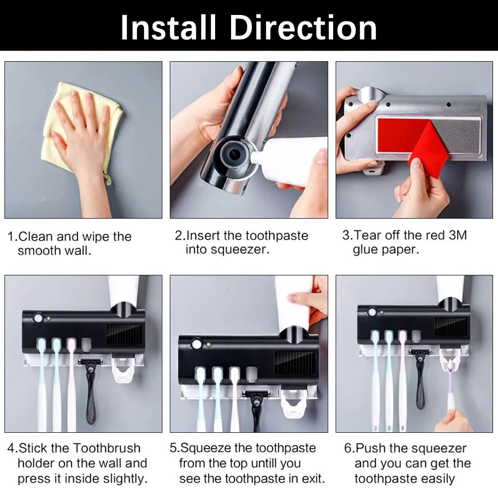 Automatic Wall Mounted Toothpaste Dispenser UV Toothbrush Holder Toothbrush Steriliser Solar Charge Toothpaste Dispenser for Bathroom