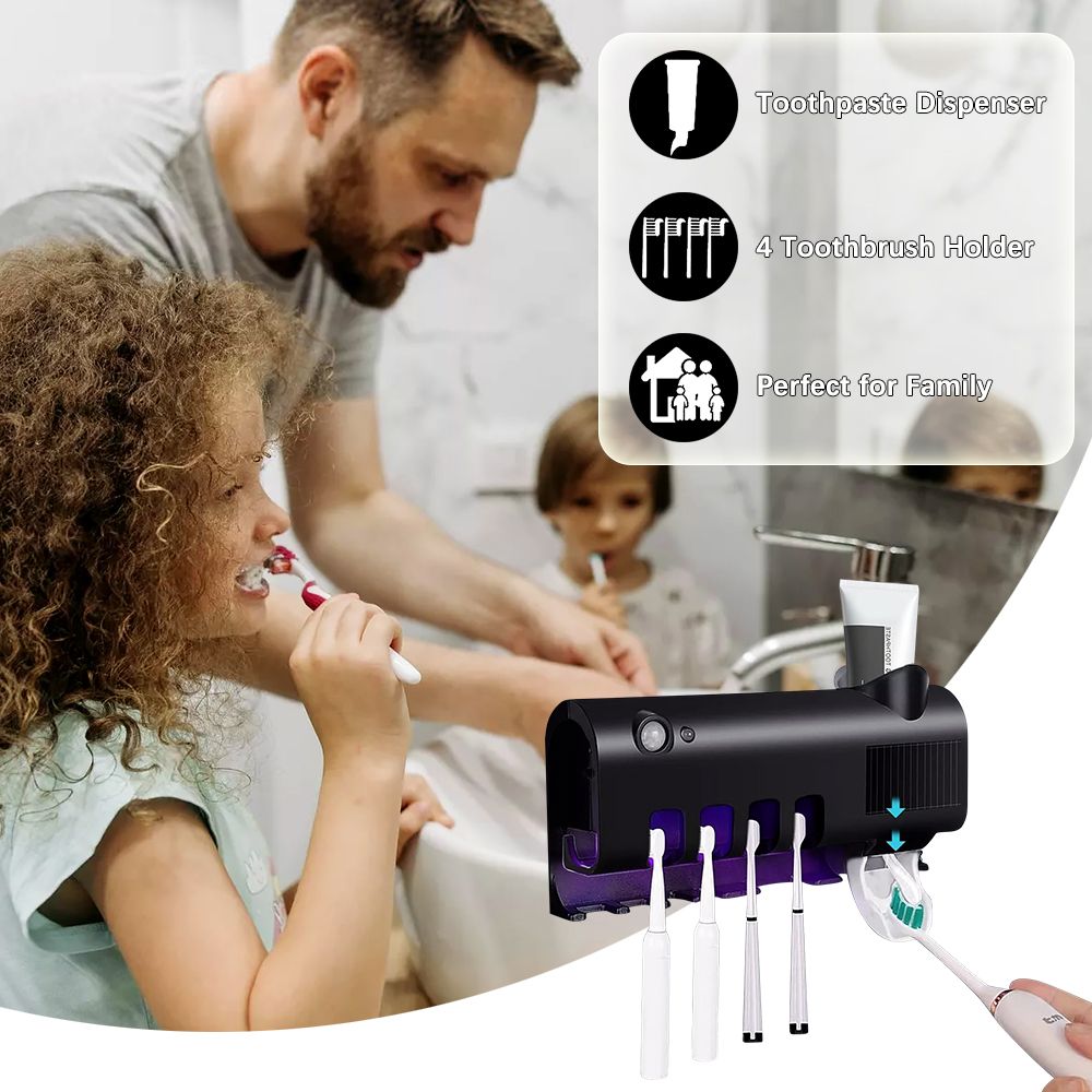 Automatic Wall Mounted Toothpaste Dispenser UV Toothbrush Holder Toothbrush Steriliser Solar Charge Toothpaste Dispenser for Bathroom